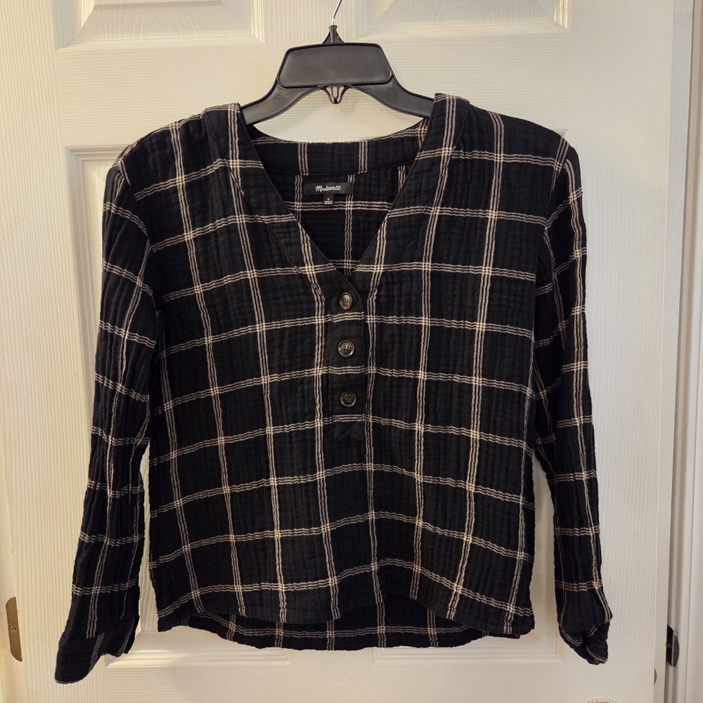 Madewell sz S black plaid pullover top long slv 100% cotton casual preppy